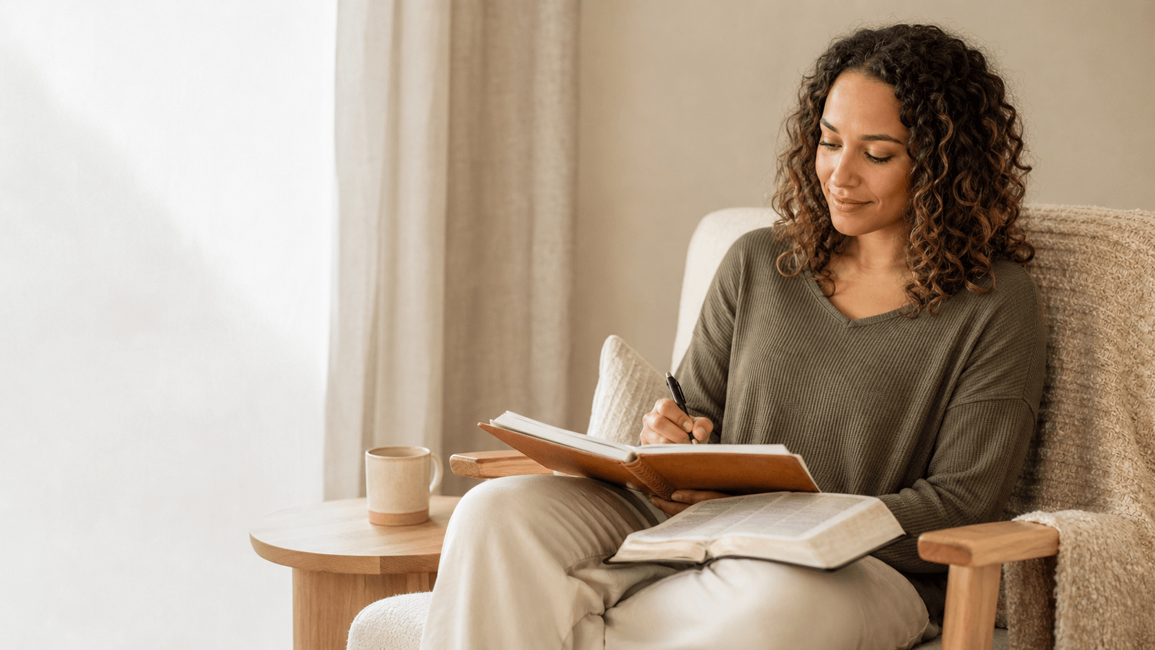 A woman following a guided devotional