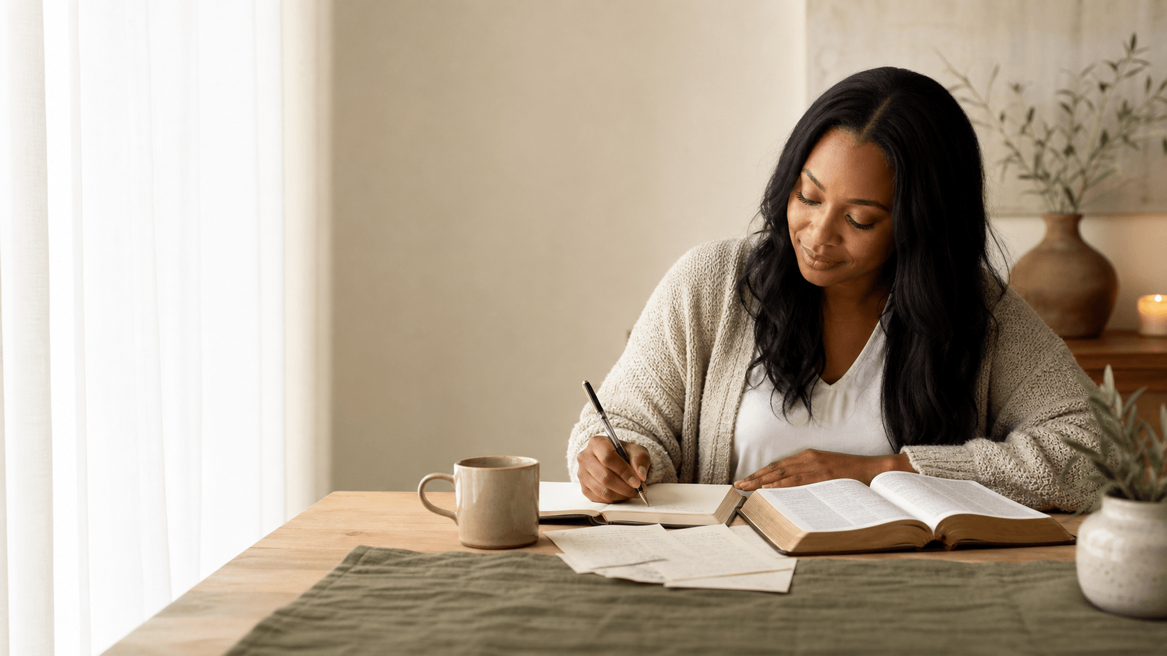 A woman journaling beside an open Bible