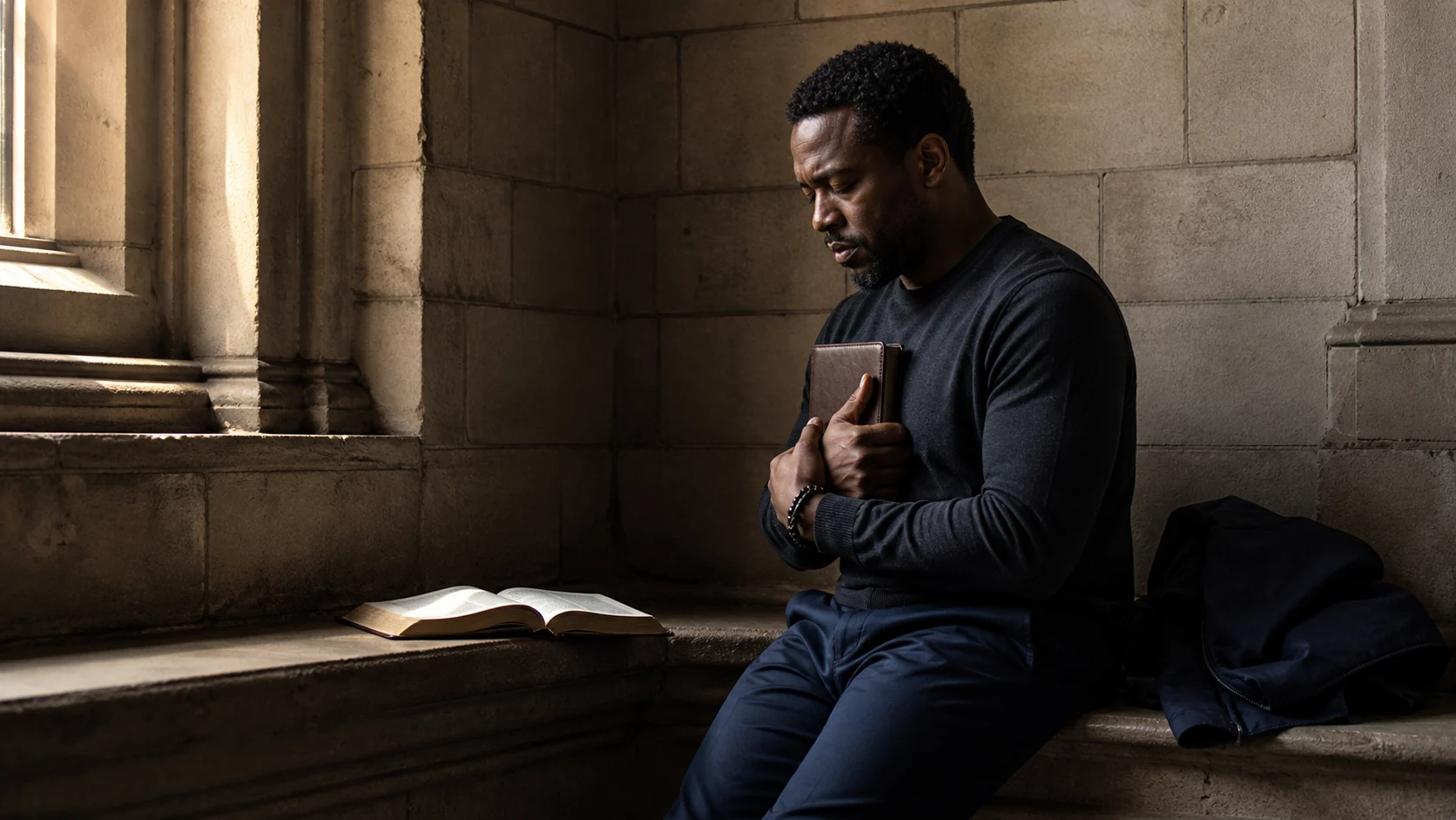 A Black man sitting alone in a quiet chapel and bringing an honest, tired prayer to God.