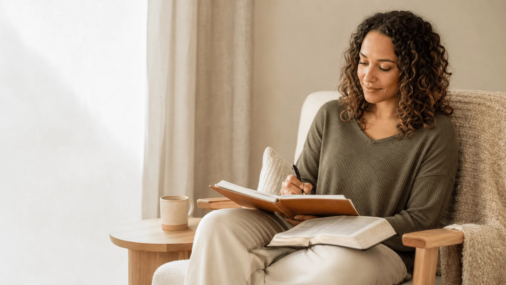 A woman following a structured guided devotional beside her Bible.