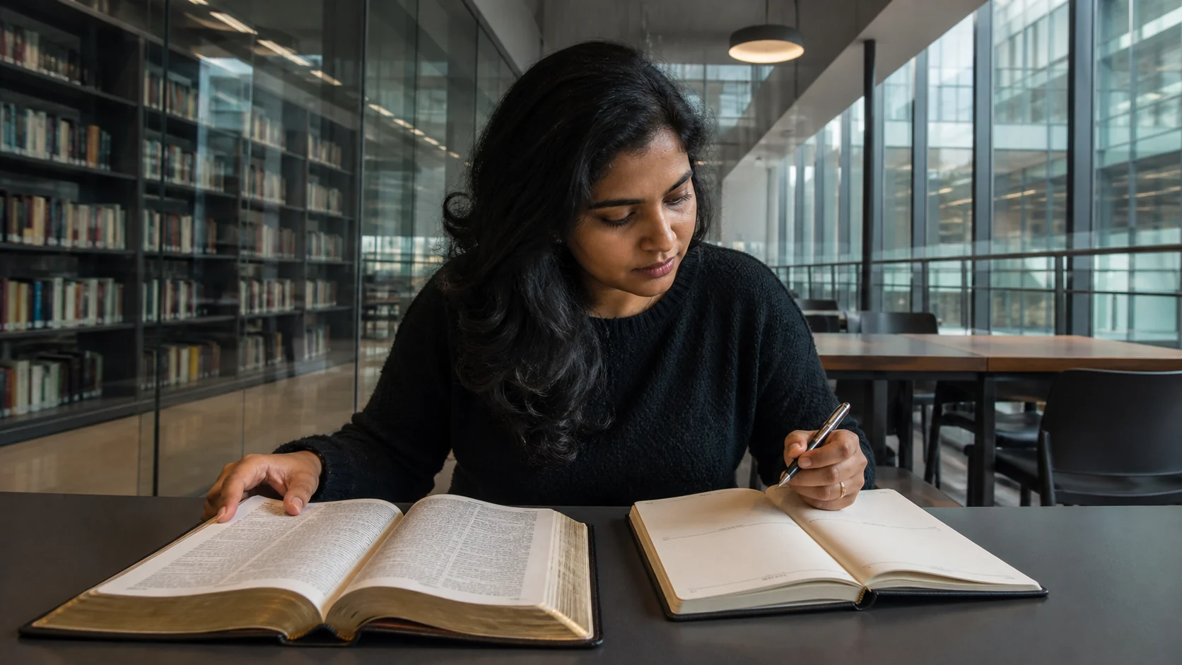 A South Asian woman reflecting on Scripture and discernment in a quiet library.