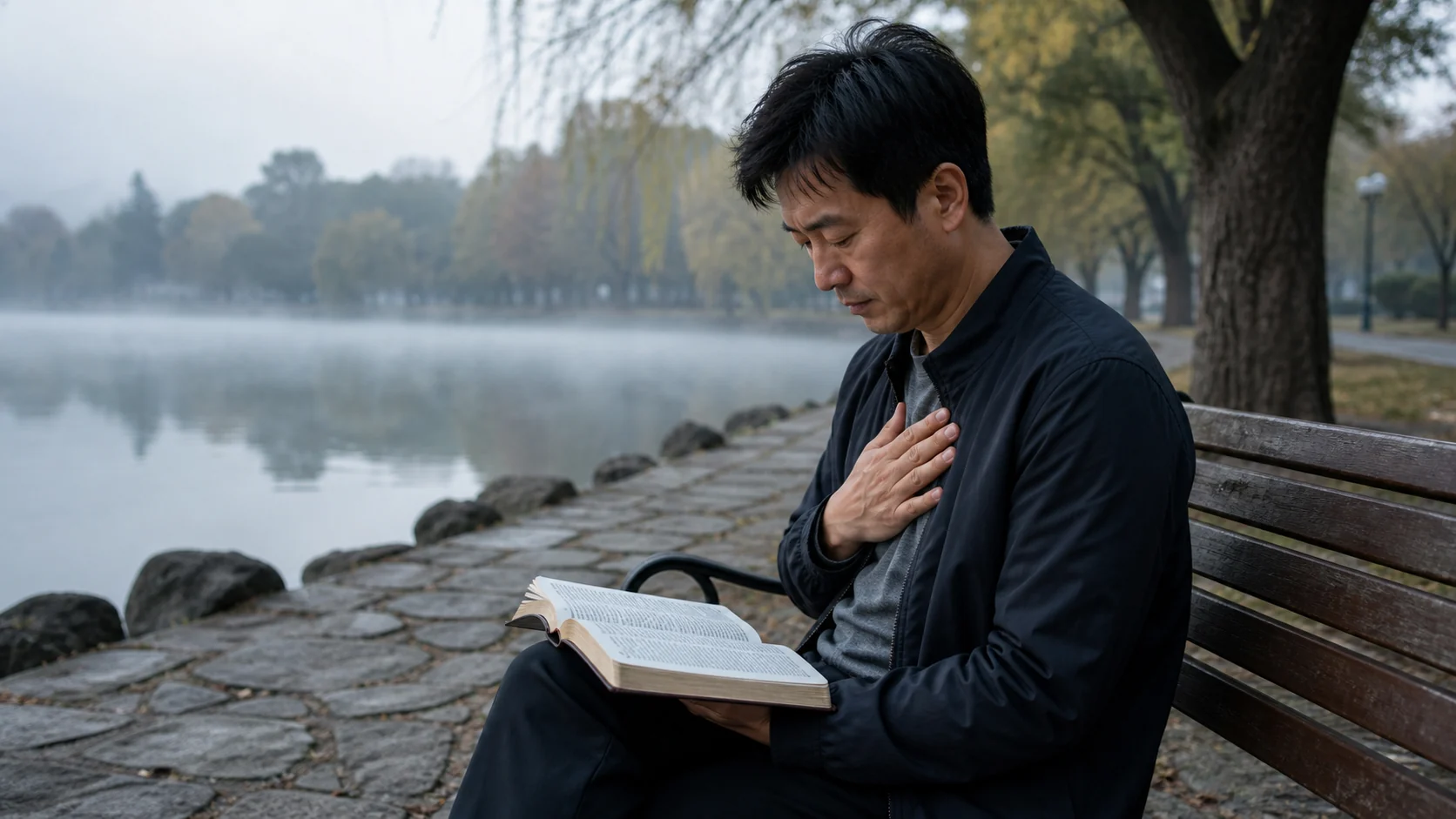 An East Asian man pausing beside a lakeside path as he steadies his breathing and turns his attention toward God.