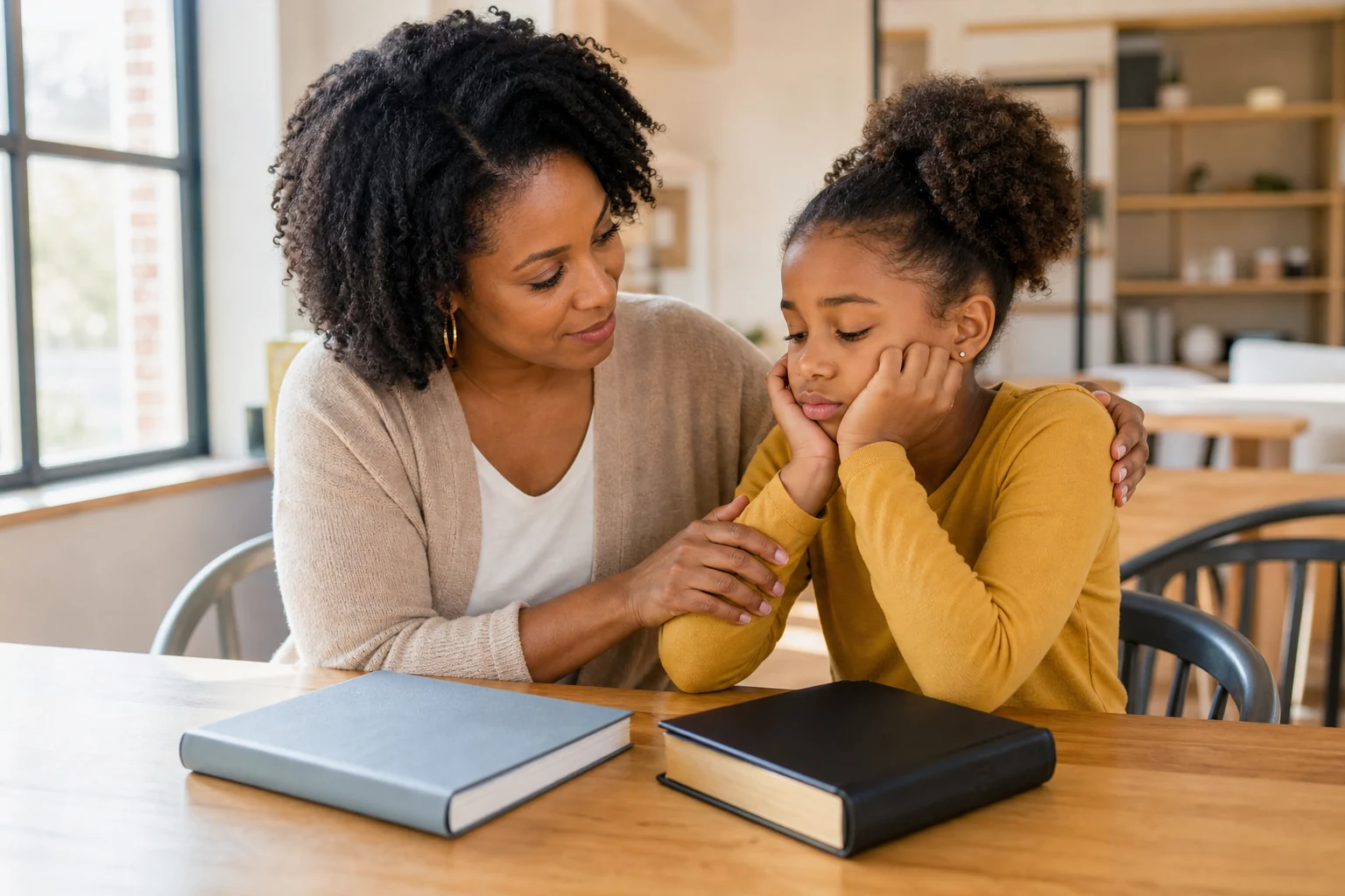 A Black mother gently encouraging her daughter after a difficult homeschool lesson.
