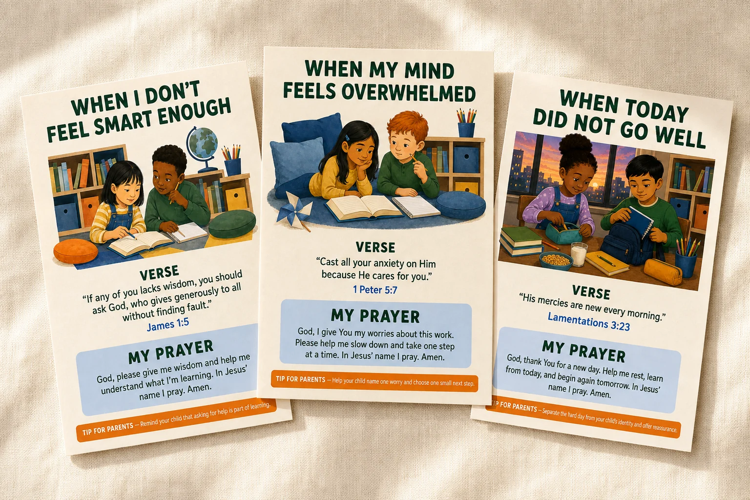 Three actual Bible verse cards for children facing difficult school days.
