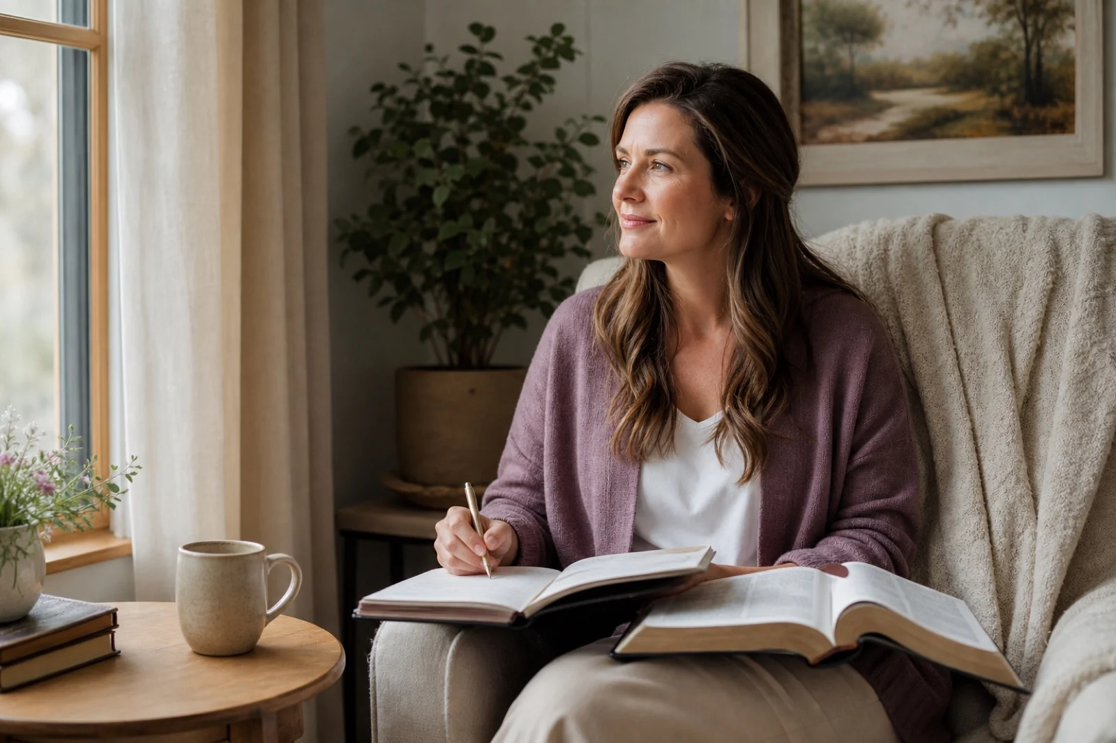A woman following a structured devotional beside her Bible.