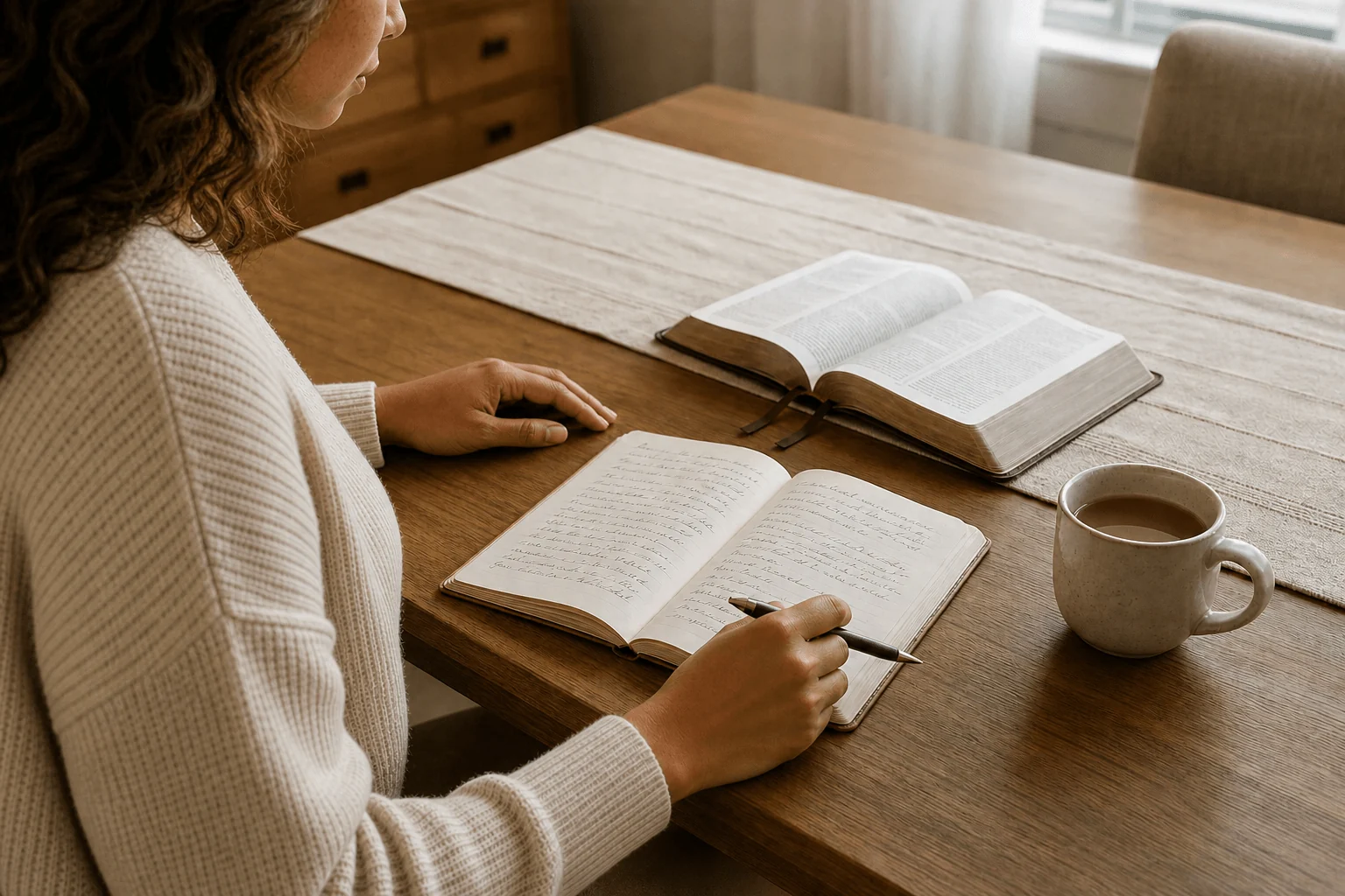 A woman using a Bible and journal, representing an inTENNtional personalized devotional.
