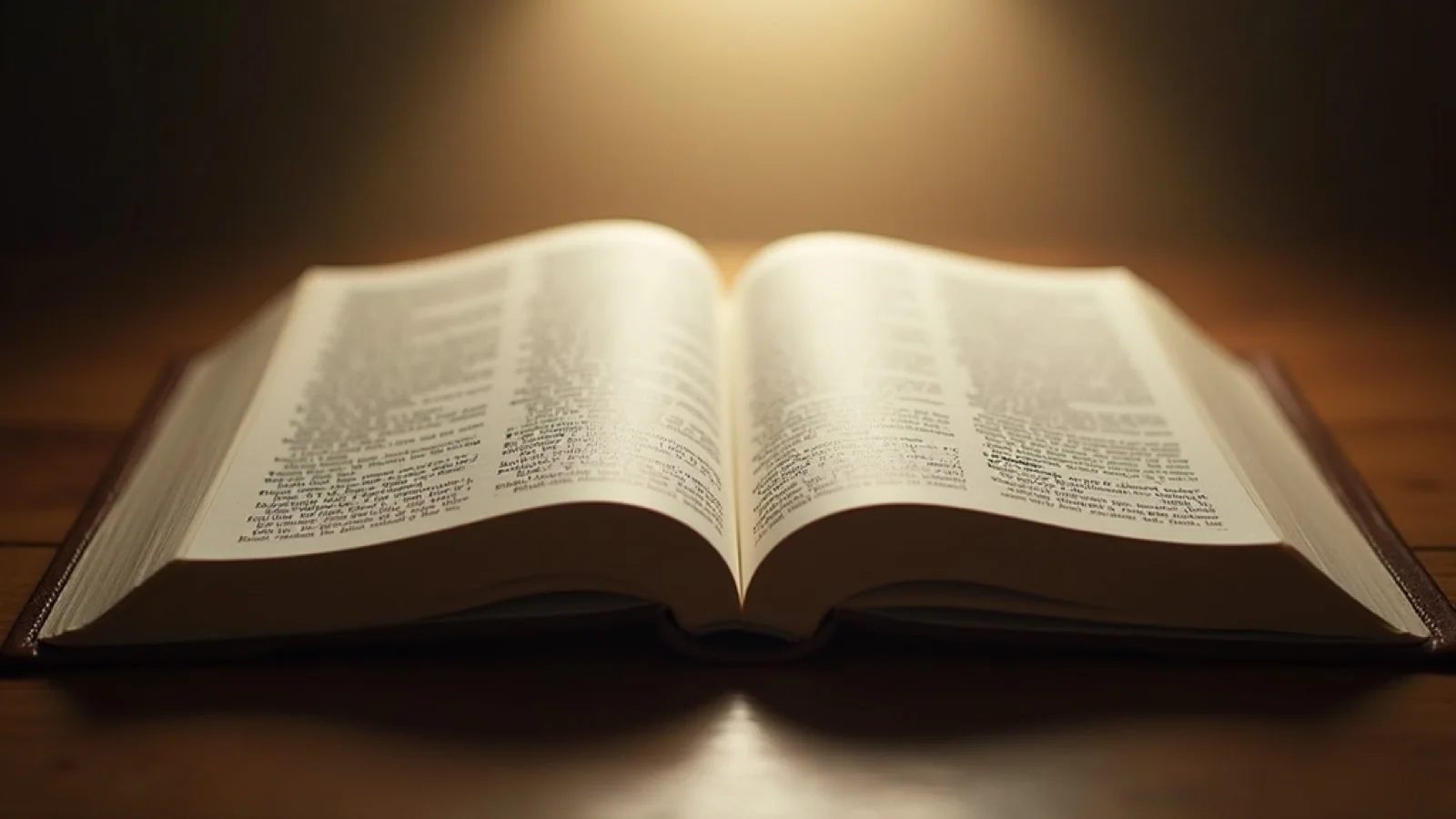 Eye-level view of an open Bible with a soft light shining on the pages