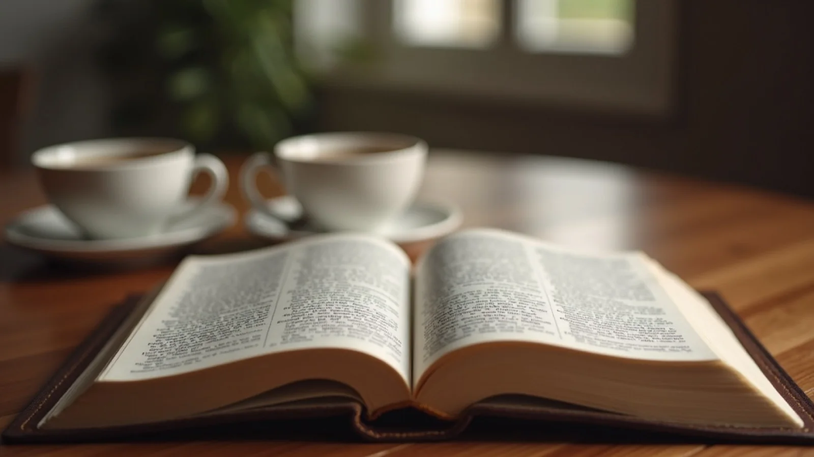 Eye-level view of an open Bible on a wooden table with a cup of tea