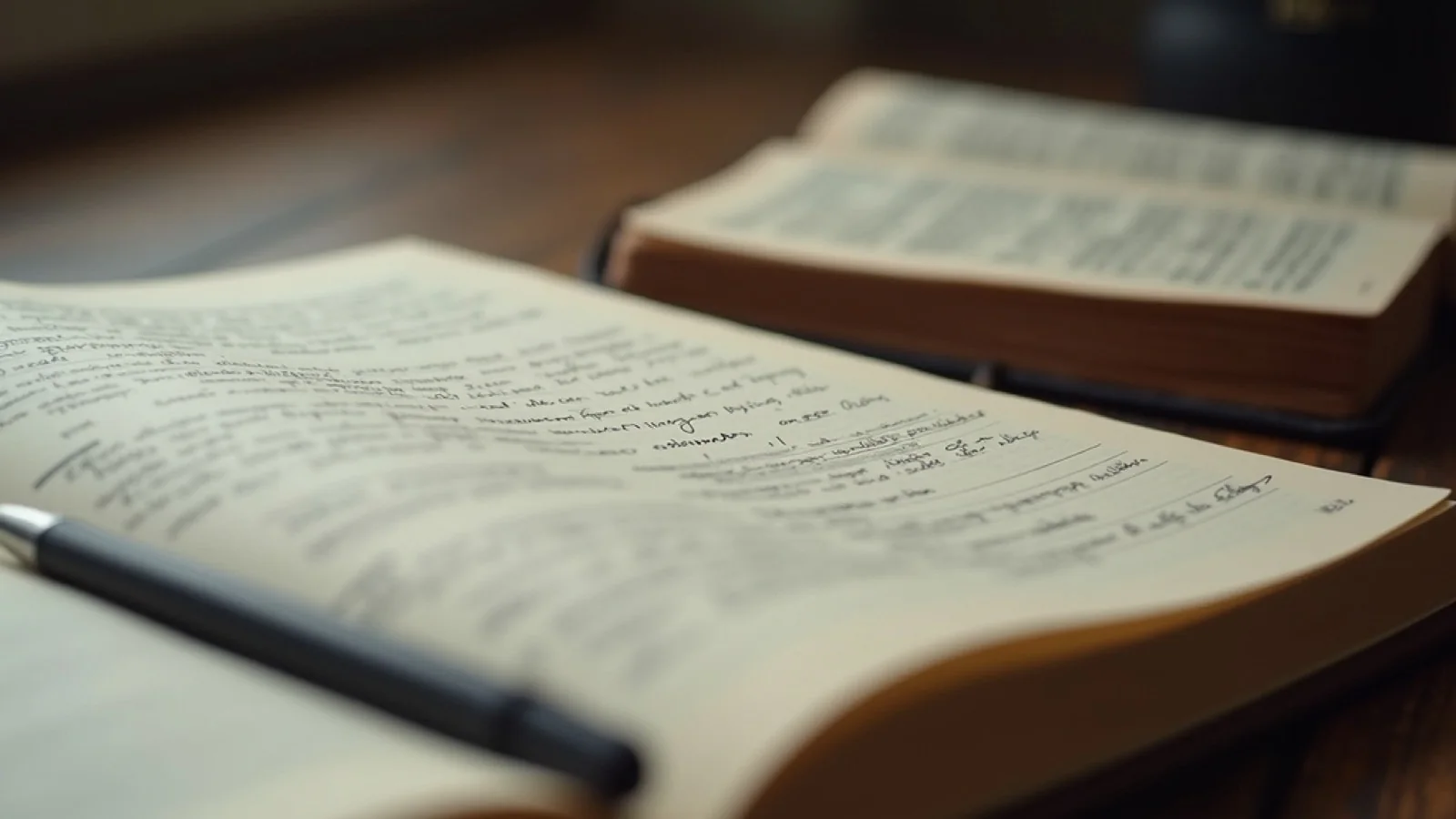 Close-up view of a journal with handwritten notes beside a Bible