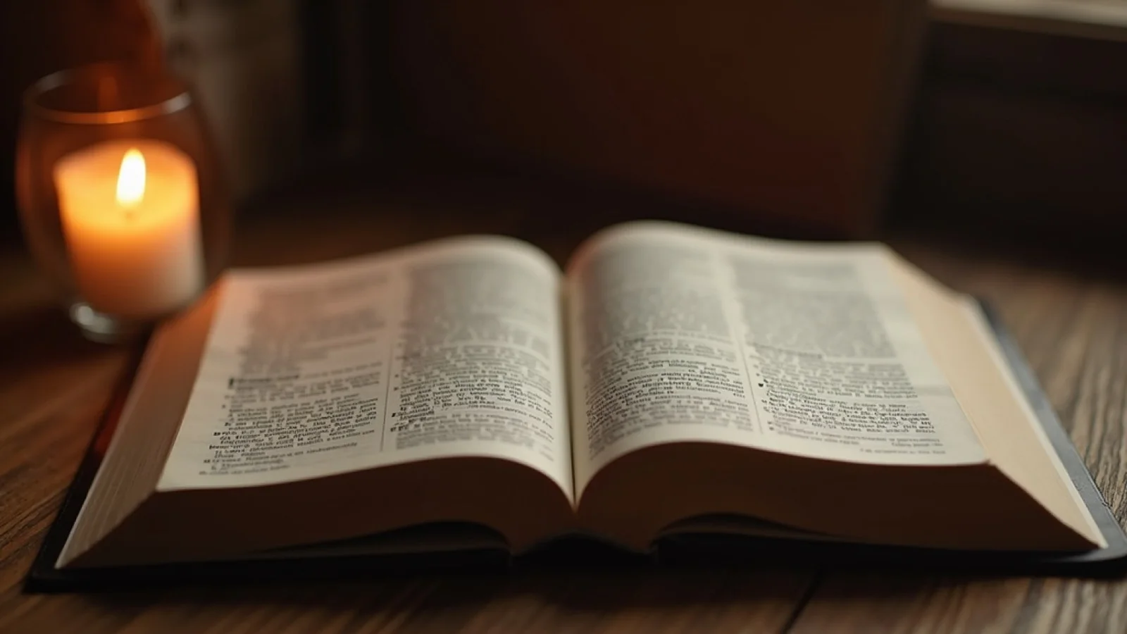 Eye-level view of an open Bible with a lit candle beside it