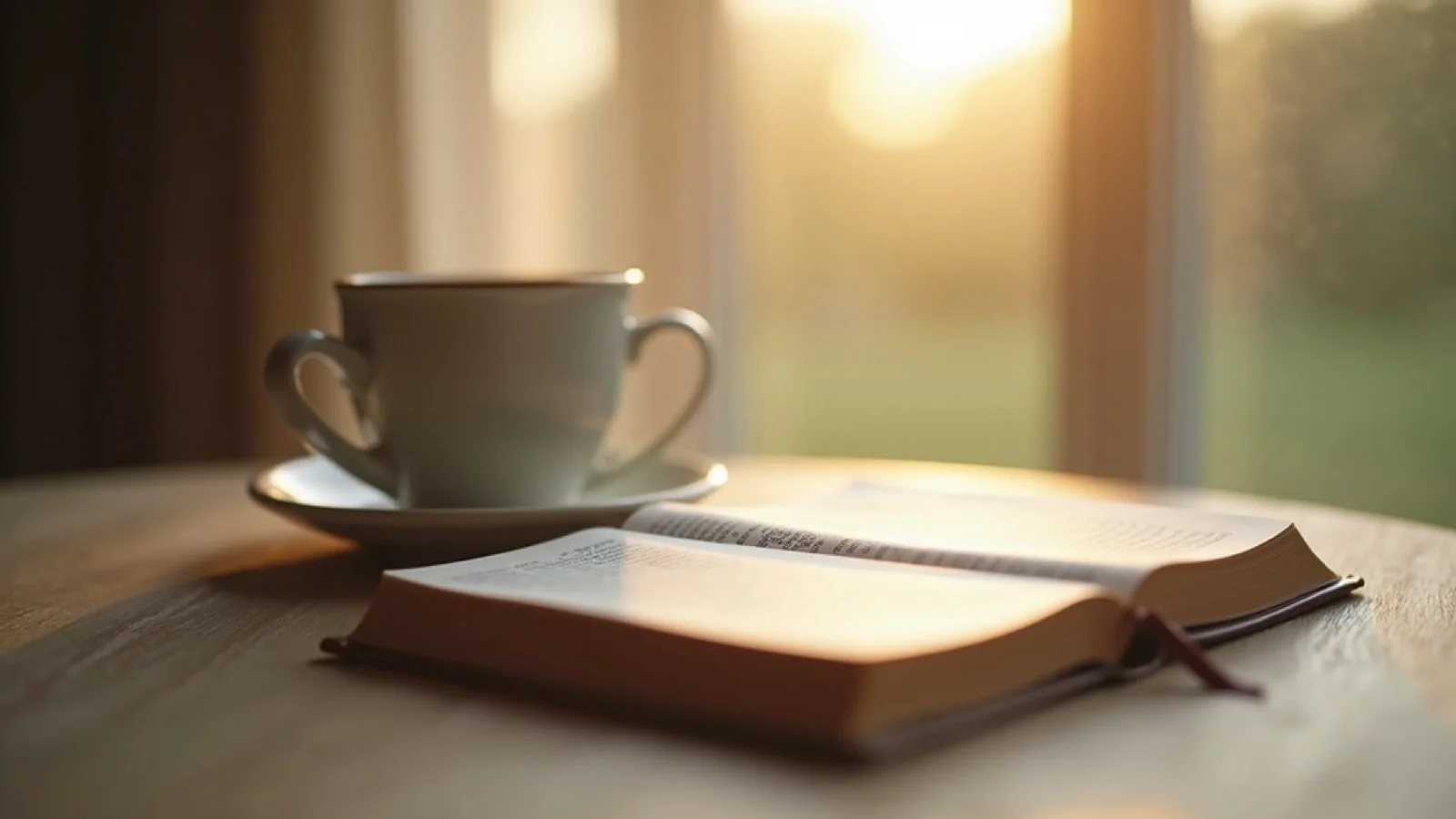 Eye-level view of a peaceful morning devotional setup with a Bible and journal