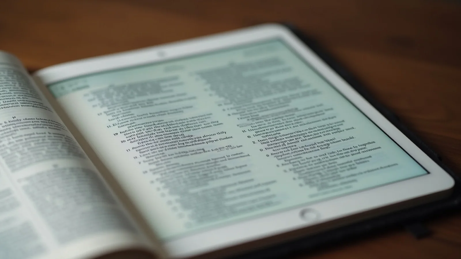 Close-up view of a tablet displaying a Bible study app with highlighted verses