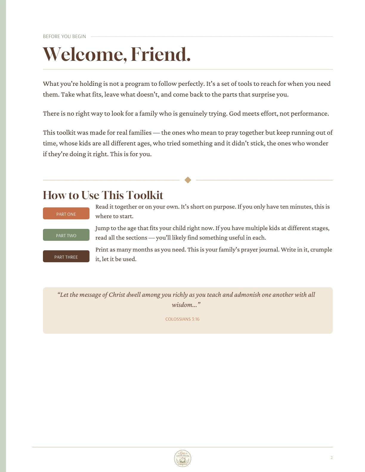 Real welcome and how-to-use page from How to Pray Together as a Family