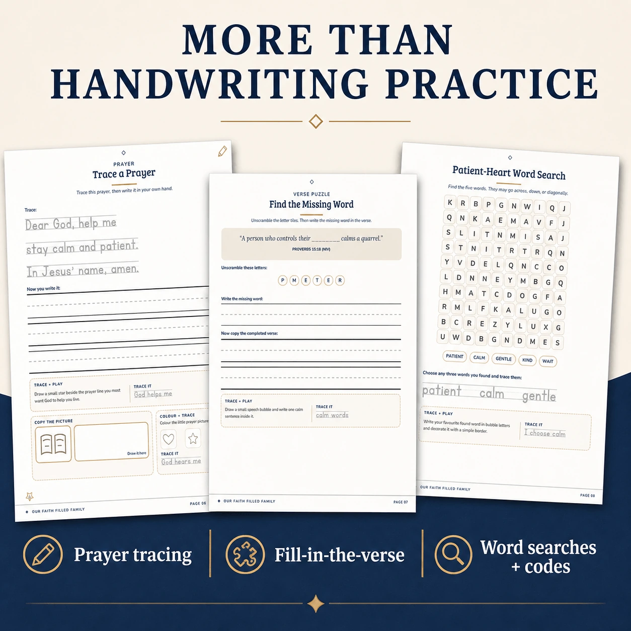 Growing Writers prayer tracing, verse puzzles, and word-search activities