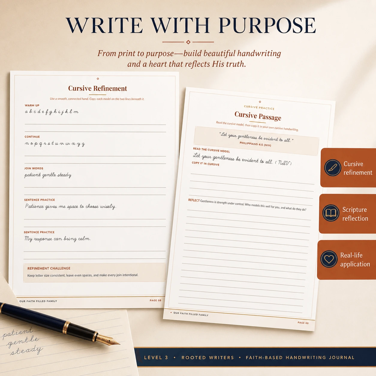 Rooted Writers cursive refinement and purposeful Scripture reflection