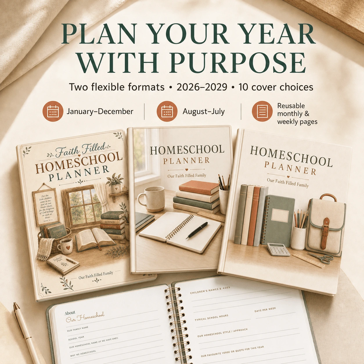 Faith Filled Homeschool Planner collection and yearly planning overview