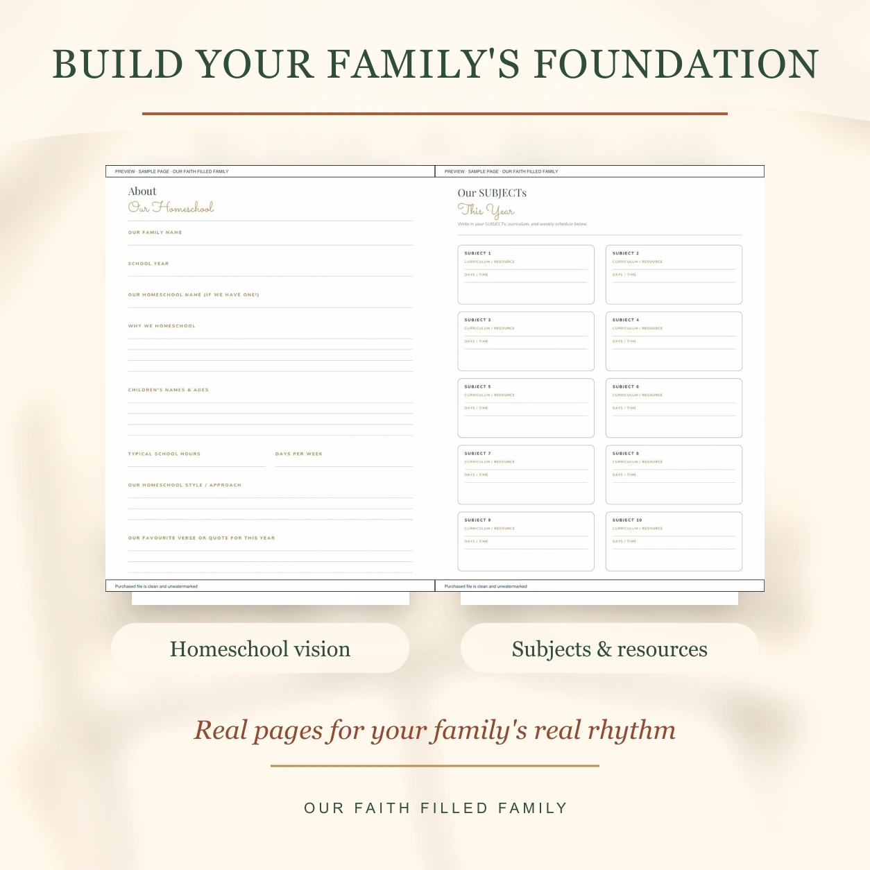 Real homeschool vision and subjects planning pages