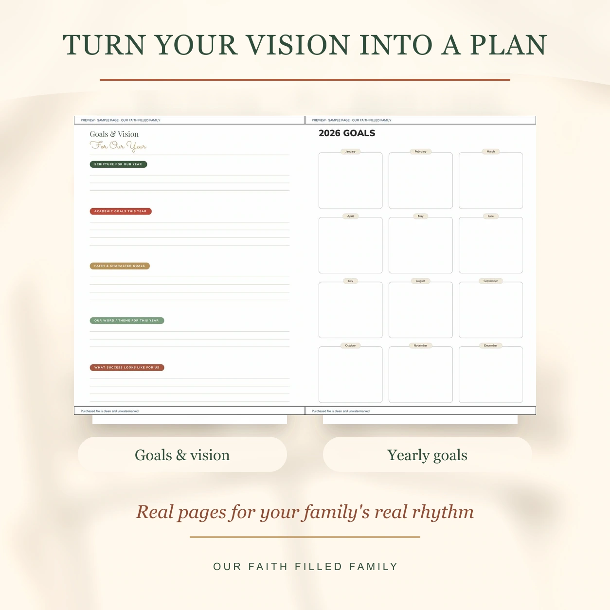 Real homeschool goals, vision, and yearly goals pages