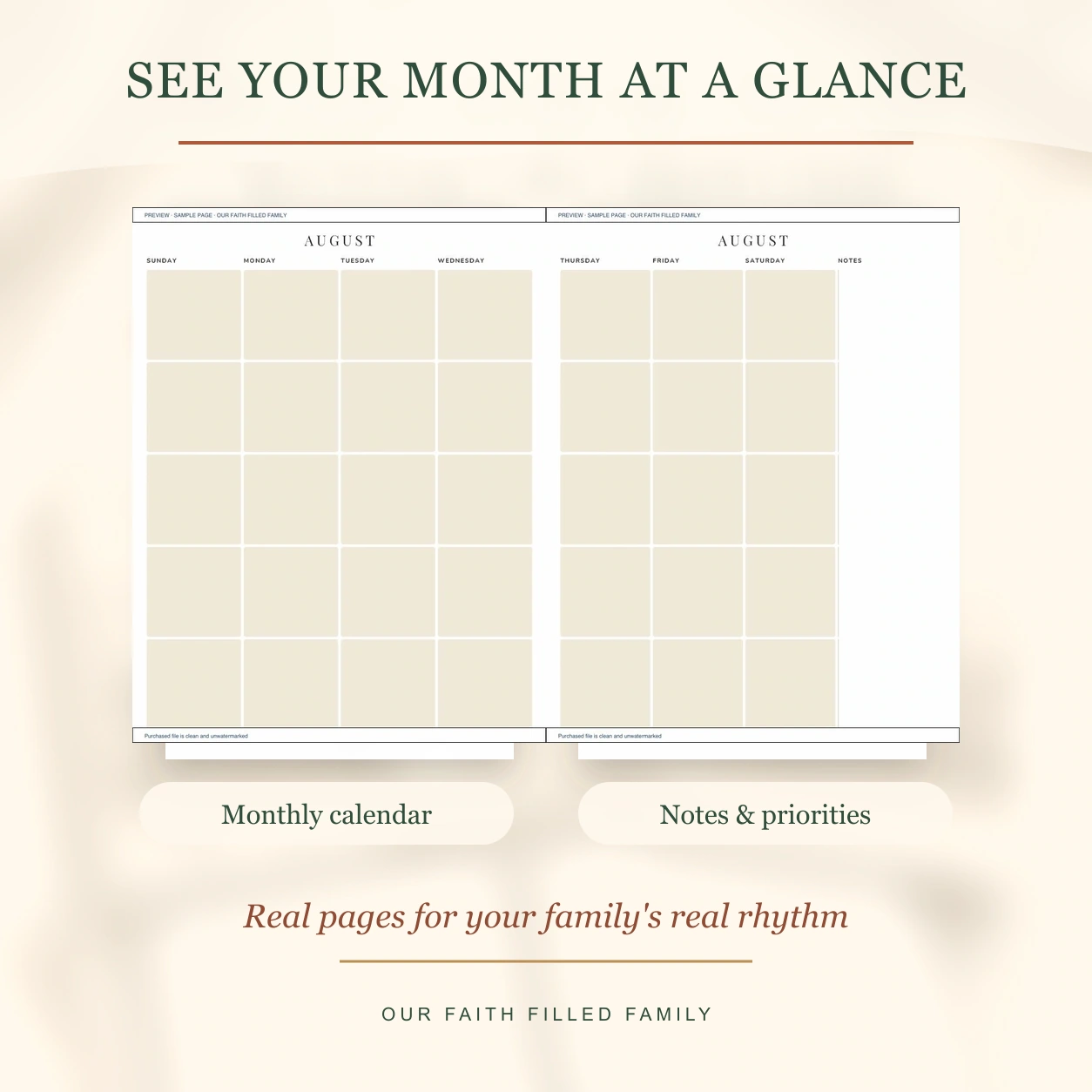 Real two-page monthly calendar spread