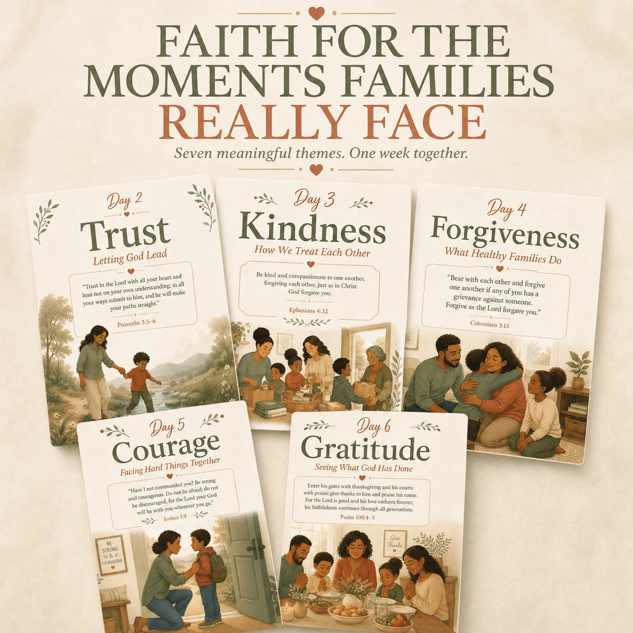 Together devotional themes including trust, kindness, forgiveness, courage, and gratitude